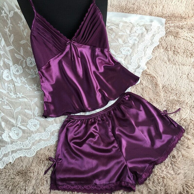 2016 summer style pajamas sets Women Female Sleep set Women's Deep V-neck Sexy Spaghetti Strap Shorts Sleepwear silk homewear - lifebiz