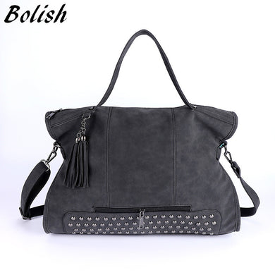 Bolish Rivet Nubuck Leather women bag Fashion Tassel Messenger Bag Vintage Shoulder Bag Larger Top-Handle Bags  Mummy Package - lifebiz