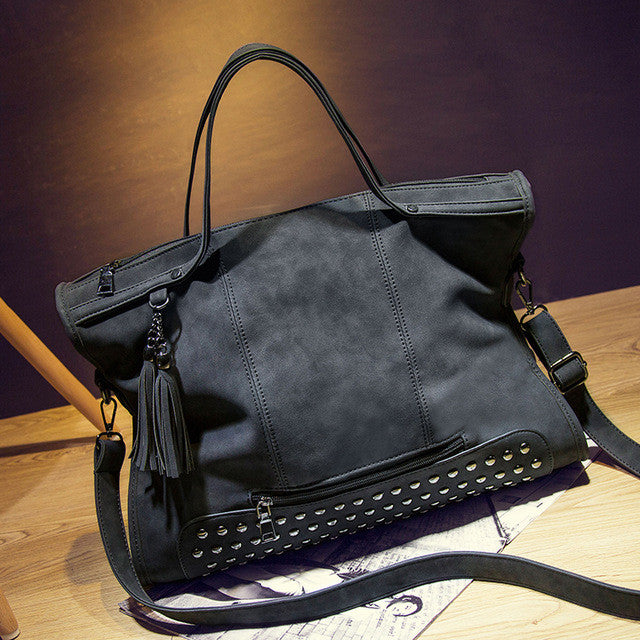 Bolish Rivet Nubuck Leather women bag Fashion Tassel Messenger Bag Vintage Shoulder Bag Larger Top-Handle Bags  Mummy Package - lifebiz